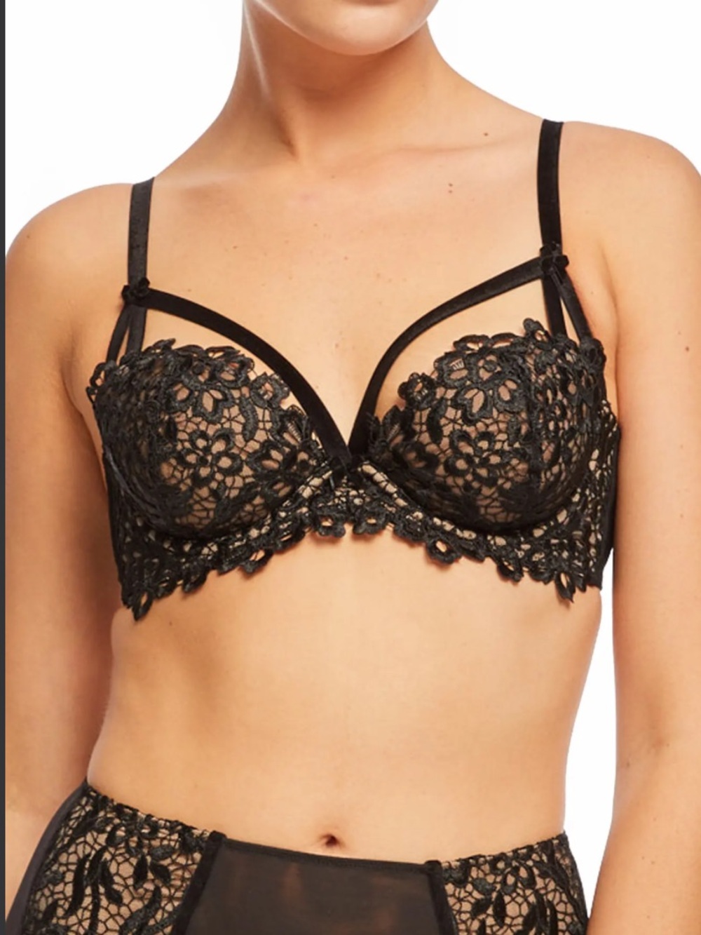 Dita Von Teese Dahlia Strappy Balconette Black Beige Embroidered Bra 34E